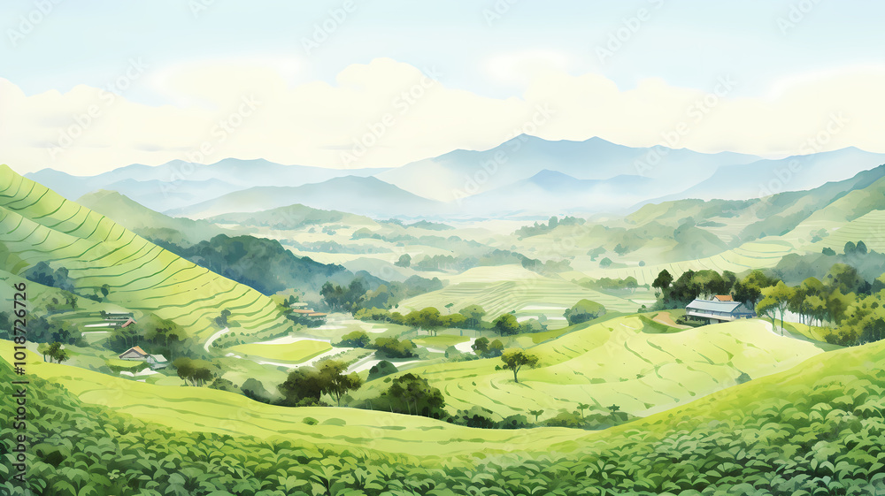Obraz premium Green tea garden illustration