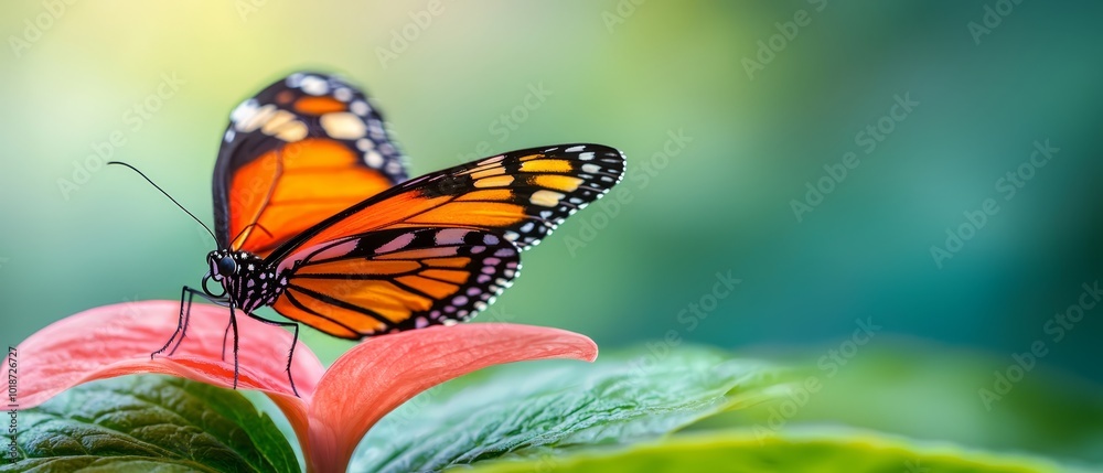 Fototapeta premium A tight shot of a butterfly atop a bloom against a backdrop of a green leaf in the foreground, and a blue sky beyond