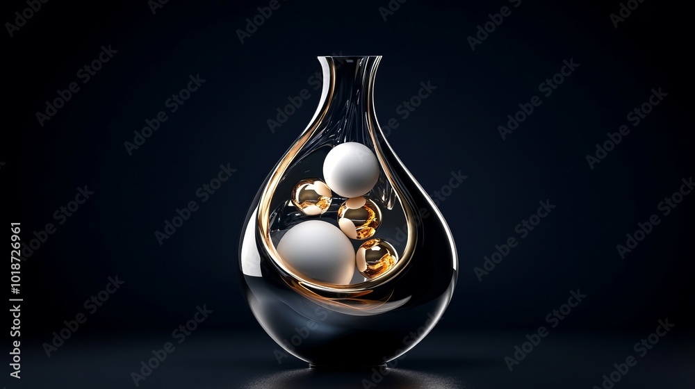 3D rendering of glossy white and gold spheres and glass spheres with white and gold swirls in an elegant vase against a dark background with reflective lighting and a luxurious finish. 3D rendering of glossy white and gold spheres and glass spheres with white and gold swirls in an elegant vase against a dark background with reflective lighting and a luxurious finish.
