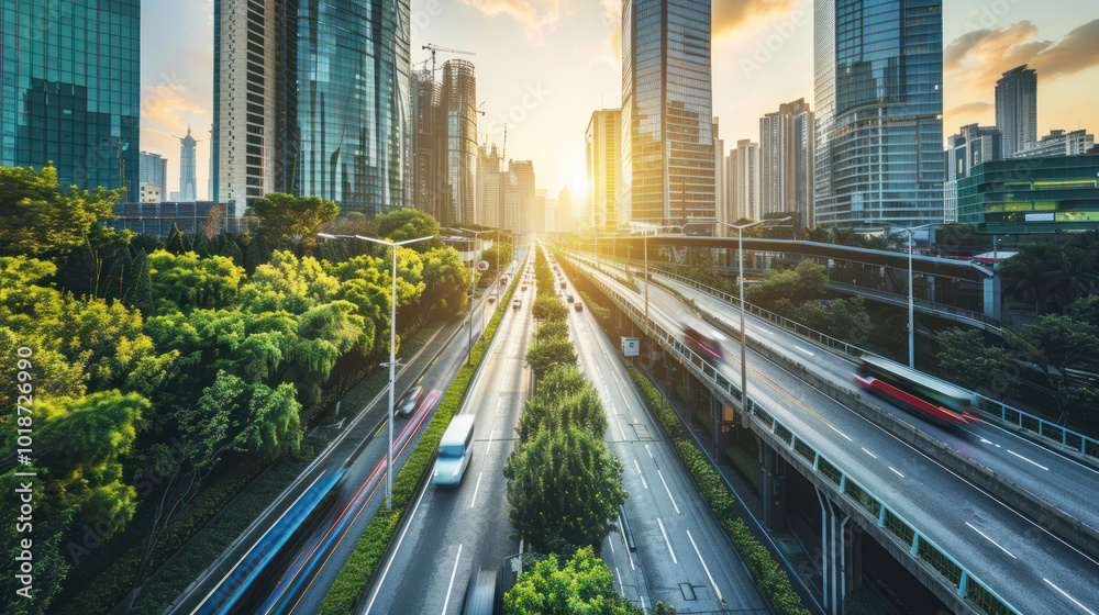 Fototapeta premium A city powered by the latest green technologies, with eco-friendly transportation, solar energy grids, and smart building designs