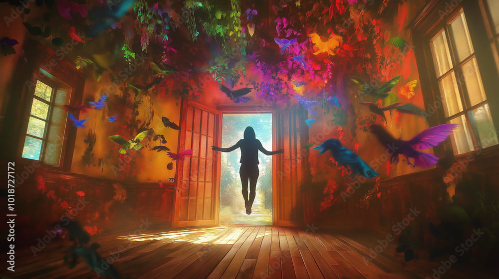 A person stands in a colorful room surrounded by vibrant butterflies under warm, filtered sunlight in a tranquil setting A person stands in a colorful room surrounded by vibrant butterflies under warm, filtered sunlight in a tranquil setting