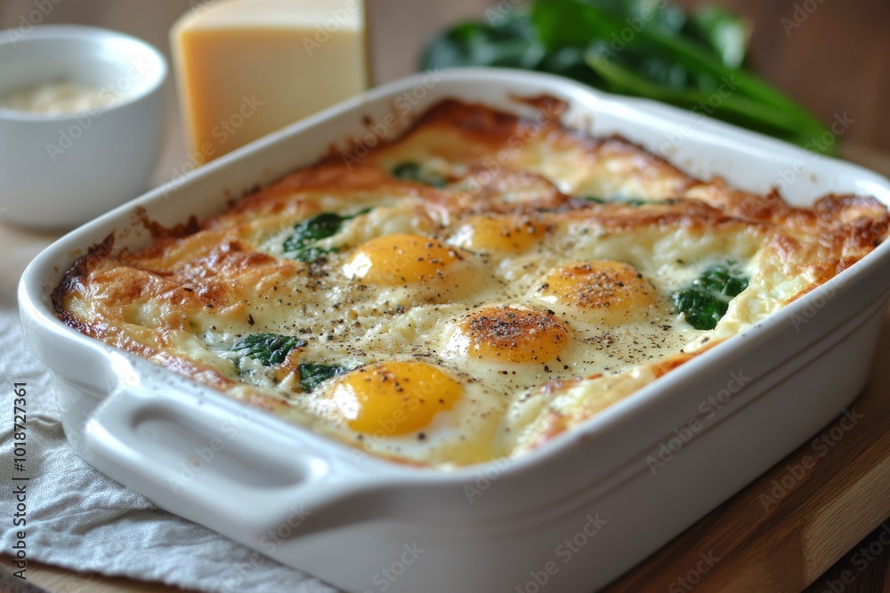 Baked Eggs with Spinach in a White Dish