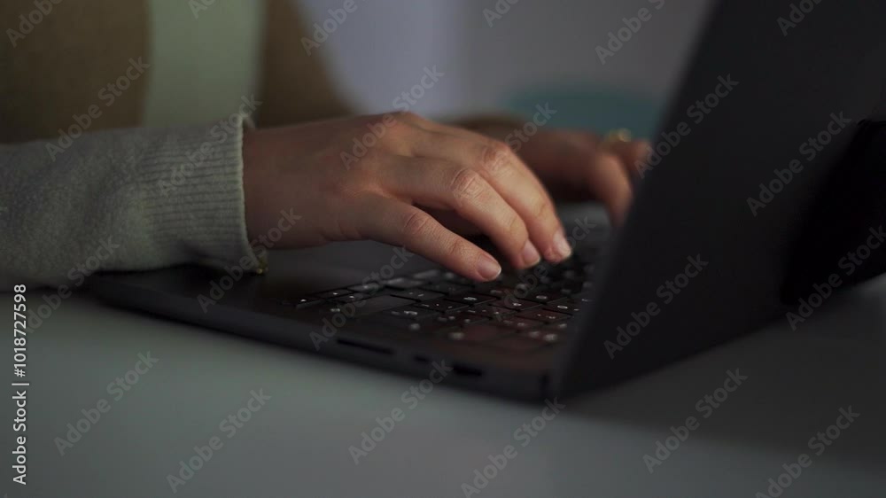 close-up shot of hands typing on a laptop keyboard in a quiet, focused workspace. close-up shot of hands typing on a laptop keyboard in a quiet, focused workspace.