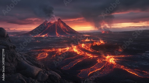 Volcanic Eruption at Sunset with Molten Lava Flowing Across the Landscape