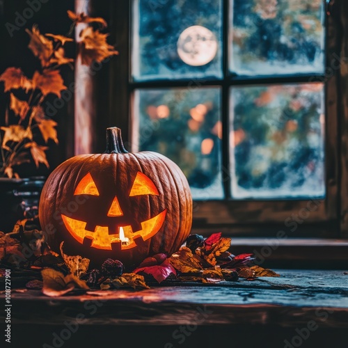 Jack Oâ Lantern On Table In Spooky Night - Halloween With Full Moon photo