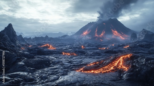 A Volcanic Landscape with Molten Lava Flowing Through Cooled Lava Fields