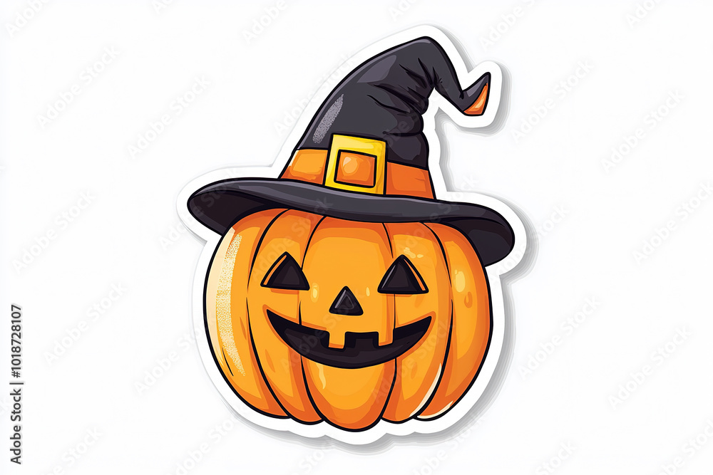 Fototapeta premium Sticker of a happy pumpkin with a witch hat