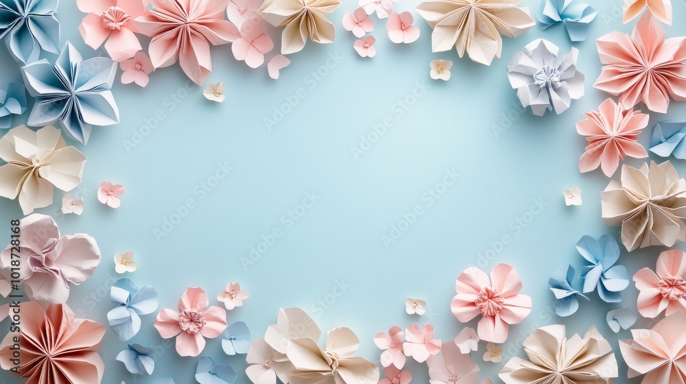 Paper Flower Frame on Blue Background