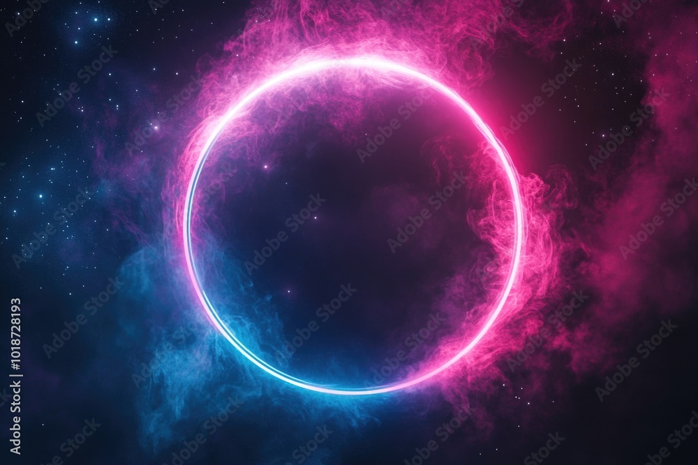 Fototapeta premium A pink and blue ring floating in the vastness of space