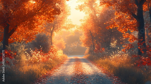 Panorama of autumn country road. Autumn landscape in a quiet village. Atmospheric photo of rural nature.