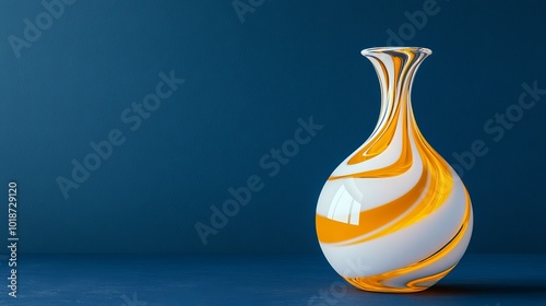 3D rendering of glossy white and gold spheres and glass spheres with white and gold swirls in an elegant vase against a dark background with reflective lighting and a luxurious finish.