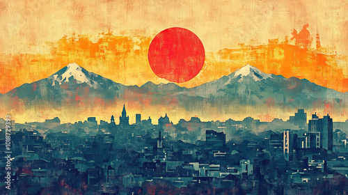 Quito, Ecuador, color wood block print effect. Woodblock printing. Graphic designed, illustration for travel poster, card, wallpaper, backdrop or banner. Modern, clear, artistic and simple