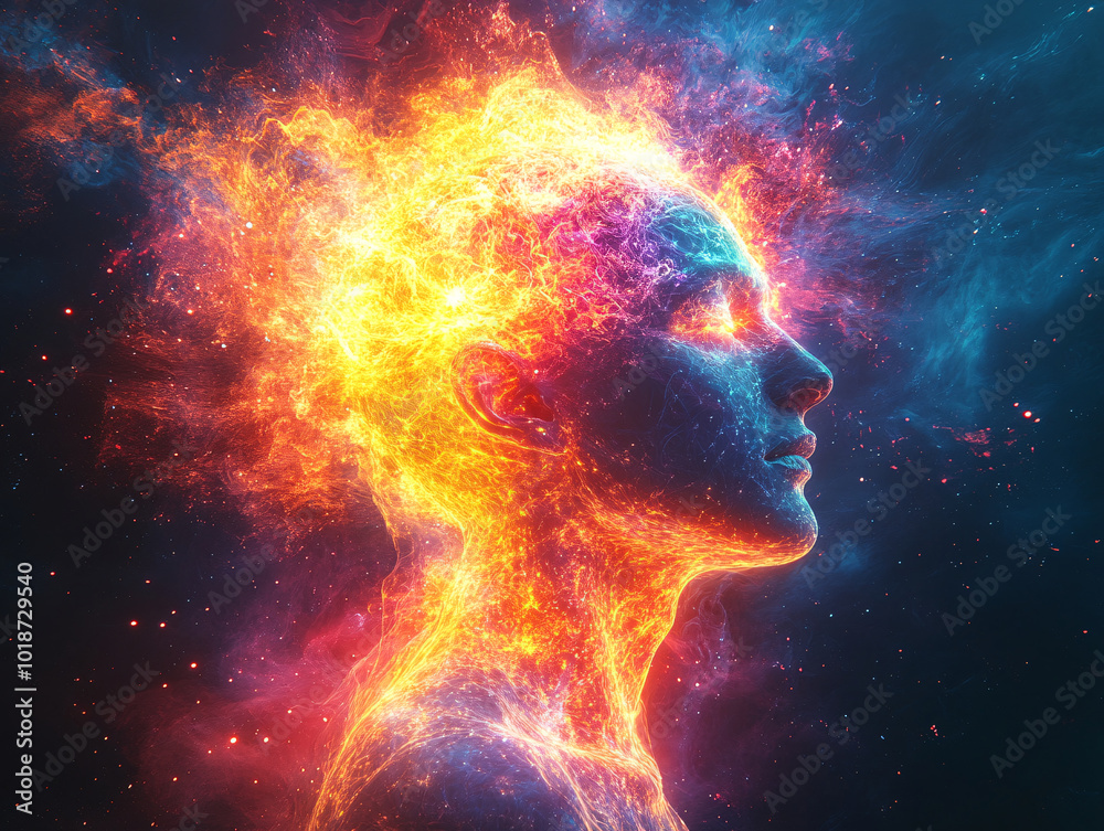 A silhouette of a human figure, glowing with light, stands in the foreground against a blurred background of swirling clouds and orange hues. A silhouette of a human figure, glowing with light, stands in the foreground against a blurred background of swirling clouds and orange hues.