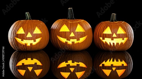 Three illuminated Halloween pumpkins with carved faces, reflecting on a dark surface. photo