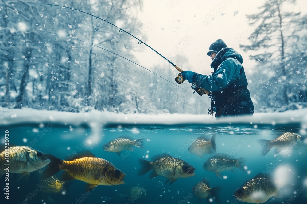Winter fishing background. Fisherman in action. Catching perch fish from snowy ice at lake above troop of fish. Double view under and above water Winter fishing background. Fisherman in action. Catching perch fish from snowy ice at lake above troop of fish. Double view under and above water
