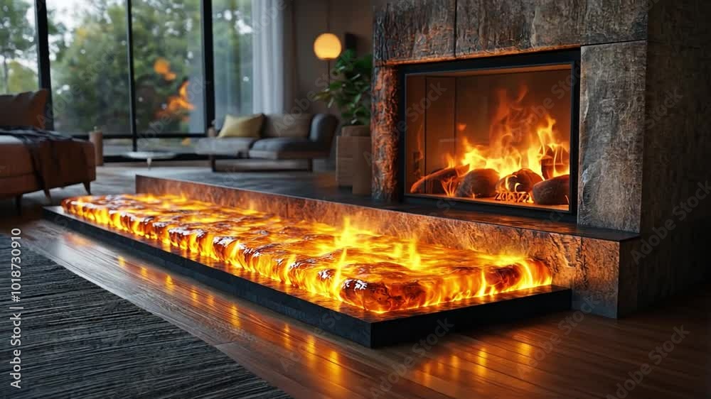 Modern living room with an innovative fireplace design featuring a glowing flame bed Modern living room with an innovative fireplace design featuring a glowing flame bed