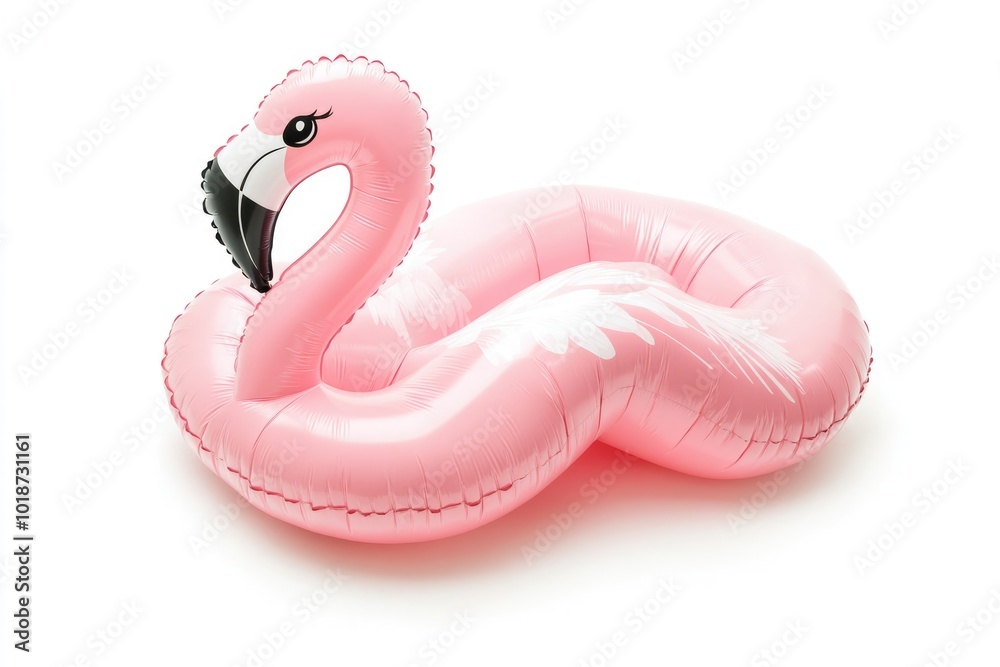 Fototapeta premium A pink inflatable flamingo floating on a white surface, great for party decoration or as a fun prop