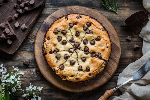 Chocolate chip cookie cake on wooden background with generative ai