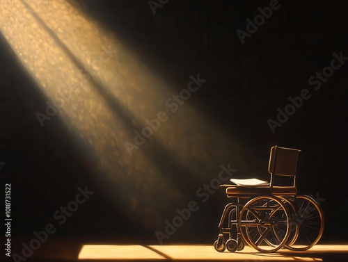 A lonely wheelchair illuminated by a beam of light in a dark room, symbolizing isolation, mental health concept.