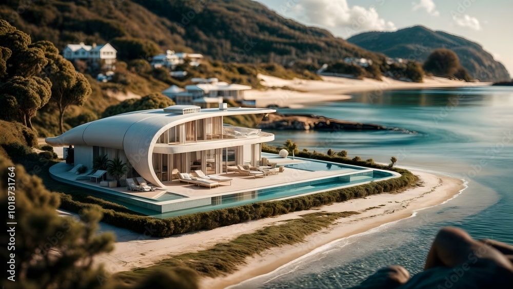 Naklejka premium a villa with a beach view and the ocean in the background.