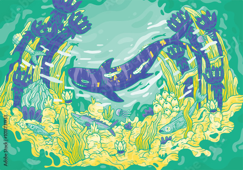 abstract illustration of trance aqua underwater psychedelic print