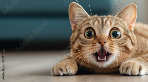 A playful cat crouched low with eyes wide and mouth open, showcasing its readiness to pounce. The image captures movement and anticipation in a lively setting. photo