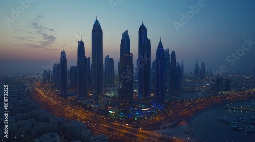 An aerial view of a modern city skyline at dusk with tall skyscrapers, roads, and a waterfront.