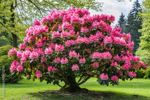 A large pink flowered tree in a park, perfect for spring or summer scenes