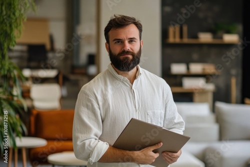 A person with a beard holds a folder in his hand, possibly for work or organization