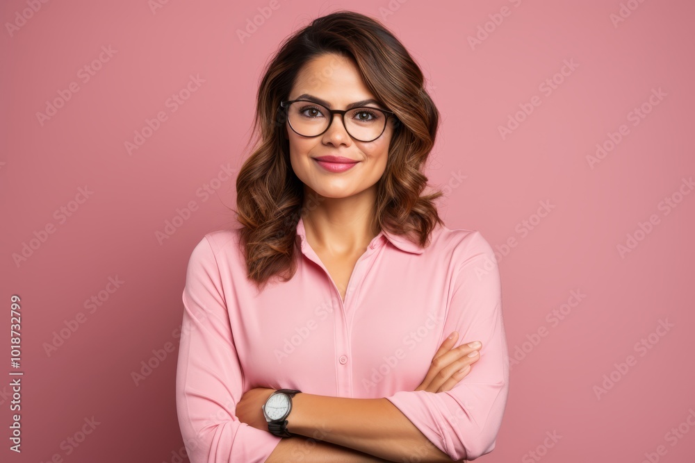 Portrait of a beautiful businesswoman in glasses on a pink background Portrait of a beautiful businesswoman in glasses on a pink background
