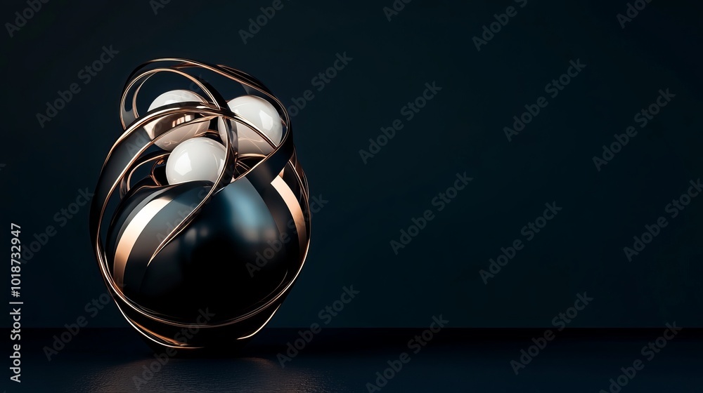 3D rendering of glossy black and gold spheres, and glass spheres with white and gold swirls in an elegant vase, set against a dark blue background with reflective lighting and luxurious finish. 3D rendering of glossy black and gold spheres, and glass spheres with white and gold swirls in an elegant vase, set against a dark blue background with reflective lighting and luxurious finish.