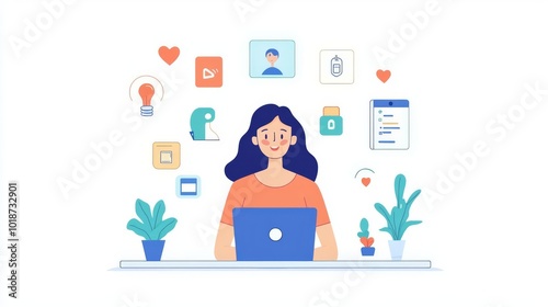 Illustration of a woman working on a laptop surrounded by icons representing different technologies and ideas, displaying innovation and creativity.