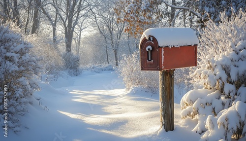 Snowcovered mailbox in a winter scene, with a snowy background of trees and shrubs