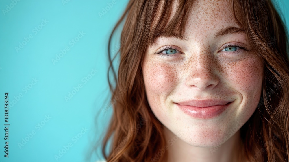Close-up portrait of a woman with distinct freckles, ideal for use in beauty and lifestyle contexts Close-up portrait of a woman with distinct freckles, ideal for use in beauty and lifestyle contexts