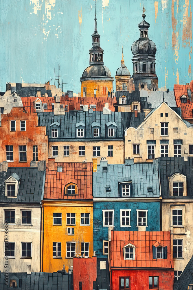 Obraz premium Riga, color wood block print effect. Woodblock printing. Graphic designed, illustration for travel poster, card, wallpaper, backdrop or banner. Modern, clear, artistic and simple