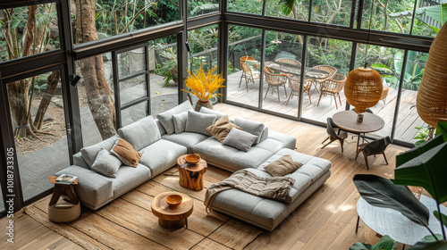 Modern Cozy Living Room with Large Gray Sofa
