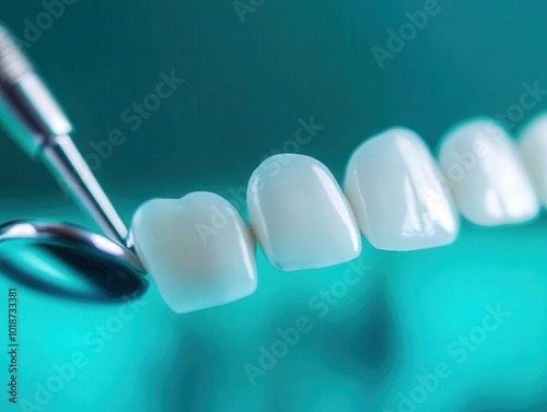 Close-up of dental crowns on a blue background with dental tools. photo
