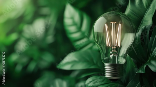 A shining light bulb is surrounded by an assortment of leaves, encapsulating the fusion of nature's beauty with the ingenuity of human creation. photo