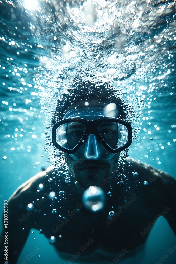 Fototapeta premium A captivating underwater scene featuring a person wearing diving gear and surrounded by bubbles in crystal clear water.