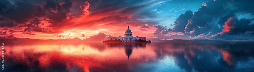 Fototapeta premium A stunning sunset over a calm lake, reflecting vibrant colors and a serene structure against a dramatic sky.