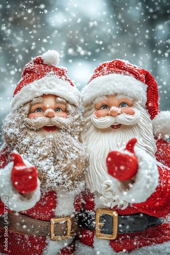 Charming Santa dolls in festive attire surrounded by falling snow, perfect for holiday decorations and cheerful celebrations.