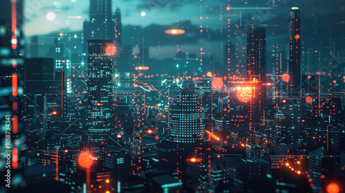 A futuristic city powered by a smart grid managing renewable energy sources like solar, wind, and hydropower in real-time. Clean and high-tech visuals.