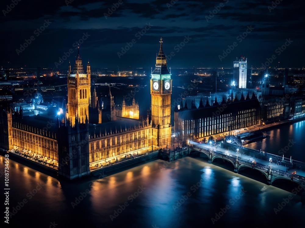 Naklejka premium Night View of the Houses of Parliament, London