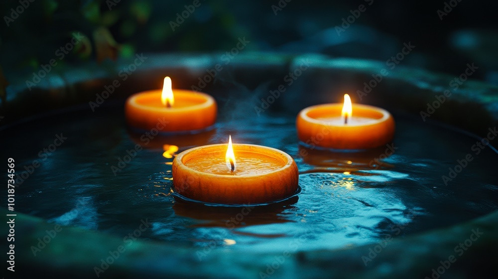 Three floating candles illuminated in a serene water setting, perfect for use in spa promotions, meditation apps, relaxation, and well-being advertisements, Three floating candles illuminated in a serene water setting, perfect for use in spa promotions, meditation apps, relaxation, and well-being advertisements,
