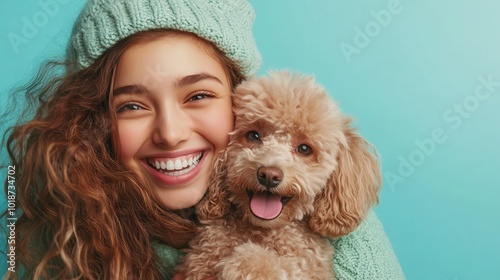 A delightful young woman embraces her cheerful dog, both wearing cozy knit sweaters, radiating warmth and affection in a friendly and intimate setting.