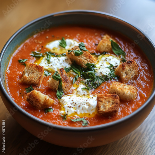 delicious bowl of tomato soup topped with mozzarella, croutons, and fresh basil, perfect for comforting meal. vibrant colors and textures create inviting dish