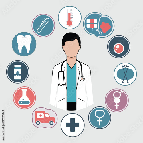 A Circle Of Medical Icons With A White Lab Coat