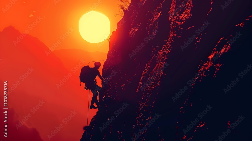 A silhouette of man climbing on rock, mountain at sunset A silhouette of man climbing on rock, mountain at sunset