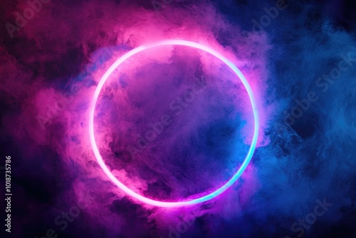 A pink and blue colored ring surrounded by wispy smoke