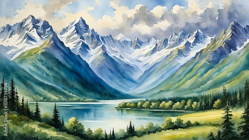 Vibrant Watercolor Mountain Landscape with Lake and Lush Forest